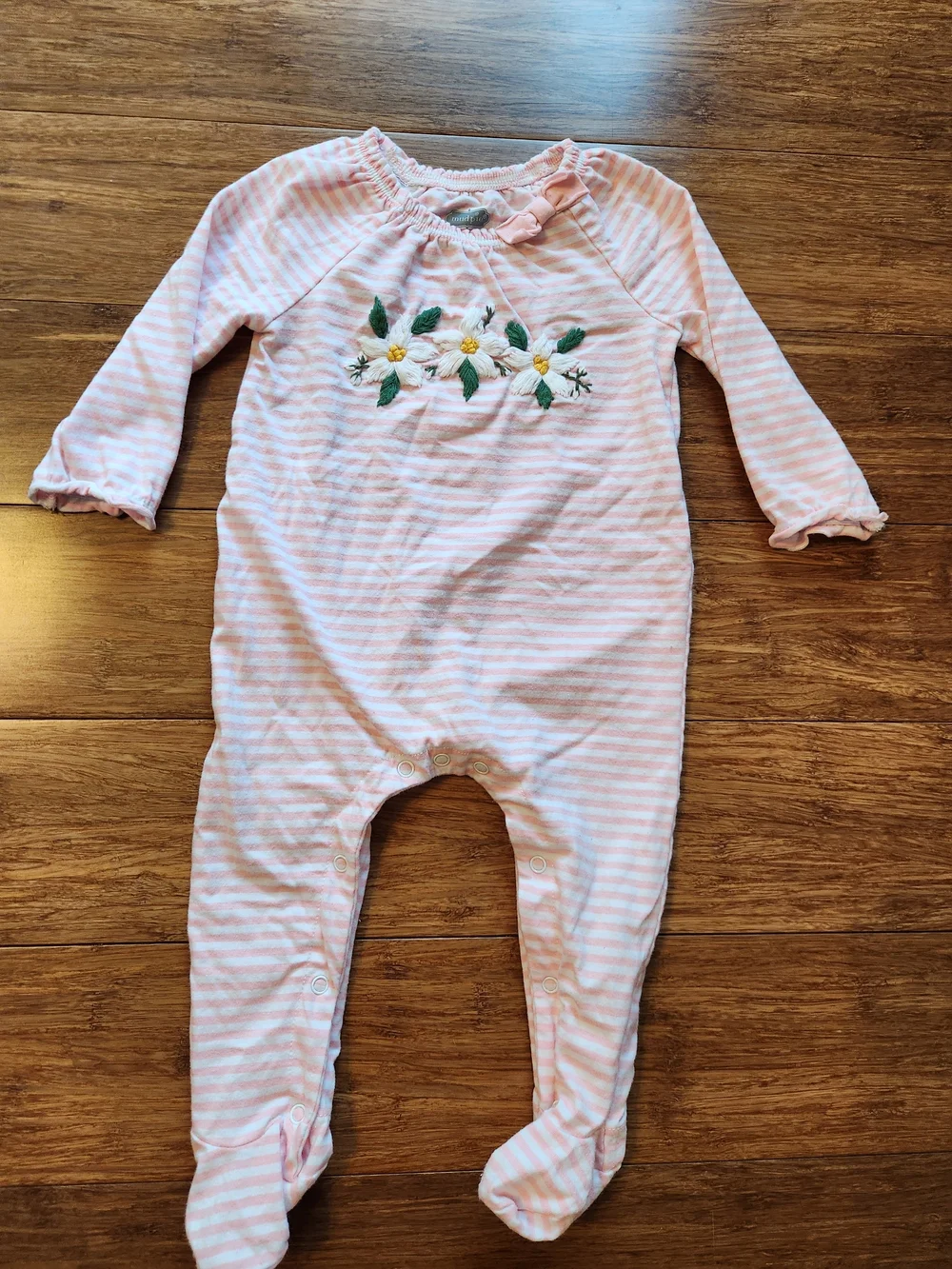 Mud Pie Baby Girls Pink Flower Embroidered Footed One-Piece Outfit, 6-9 Months